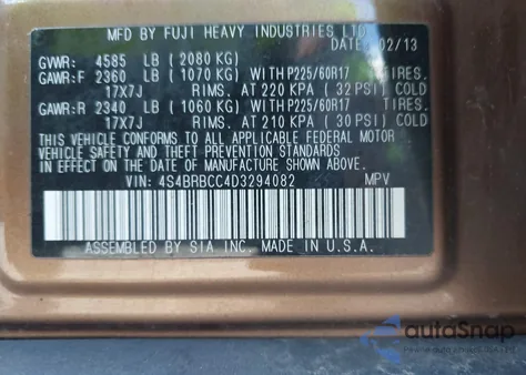 2013 Subaru Outback 2.5I Premium z USA, uszkodzony, nr VIN 4S4BRBCC4D3294082